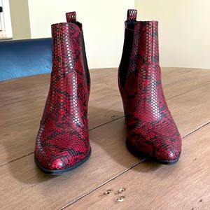 Red snakeskin booties
